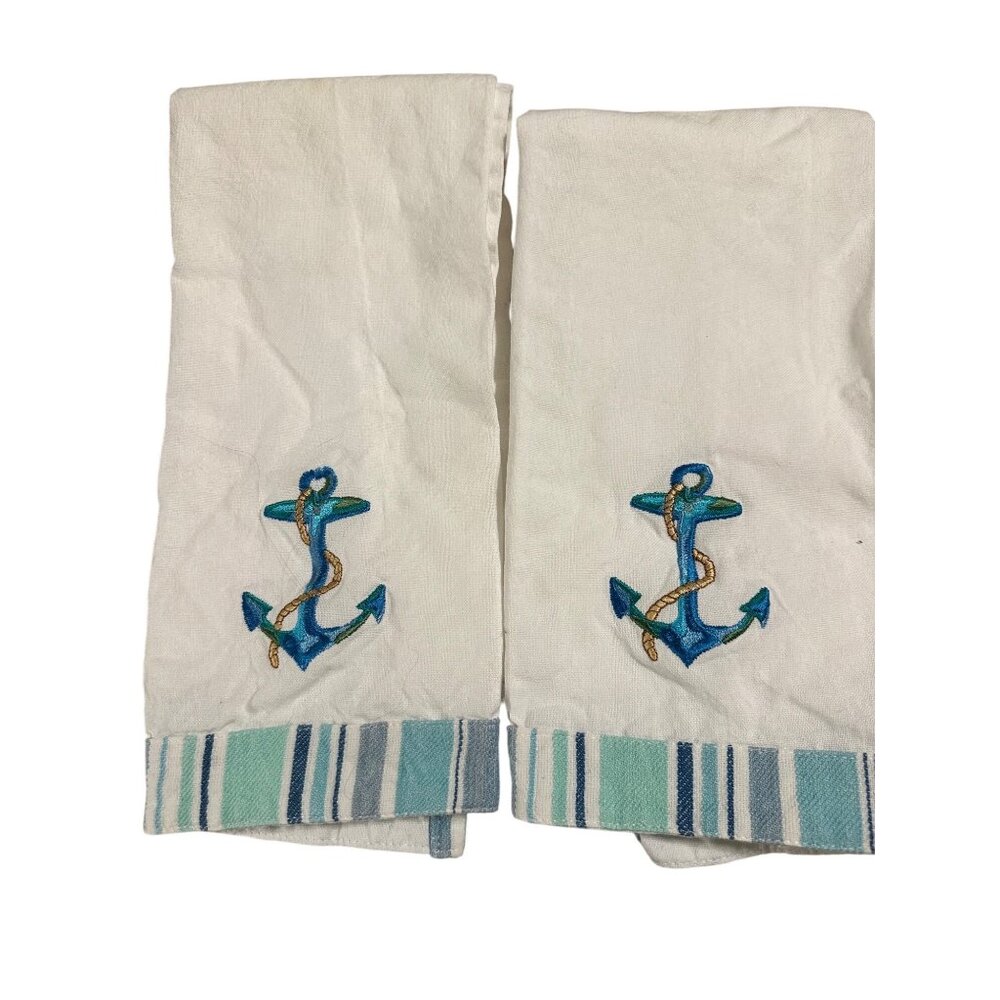 2 Kay Dee Designs Cotton Nautical Anchor Kitchen Towels Blue & Green Embroidery